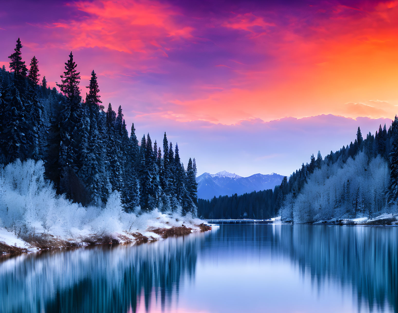 Scenic sunset reflection on tranquil lake