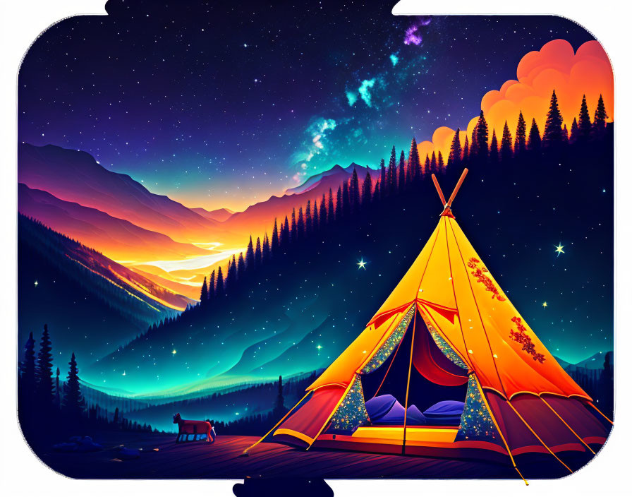 Colorful Campsite Illustration: Glowing Tent, Starry Sky, Mountains