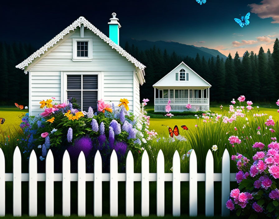 White cottages, flowerbeds, picket fence, butterflies in twilight scene