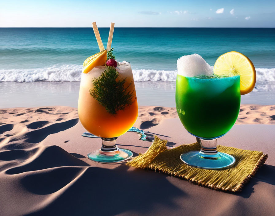 Tropical cocktails on sandy beach with ocean backdrop