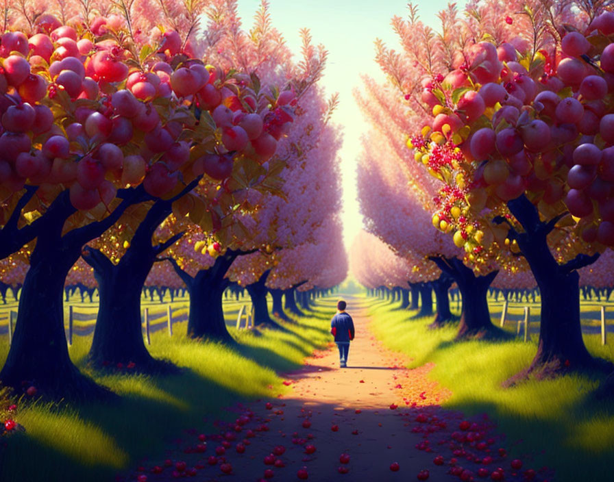 Child walking among fruit trees in soft glowing light