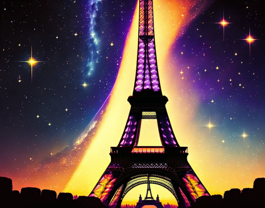 Colorful Eiffel Tower in Cosmic Fantasy Scene