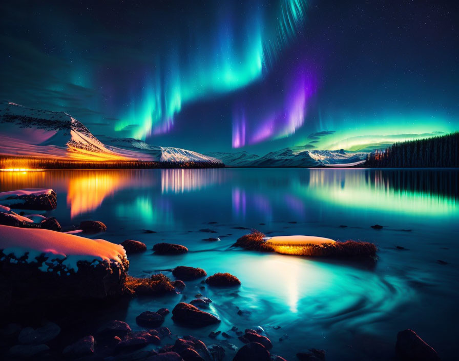 Northern Lights illuminate snow-edged lake and mountains