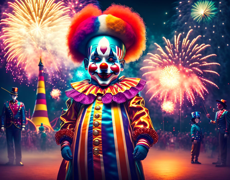 Vibrant circus scene with colorful clown and fireworks