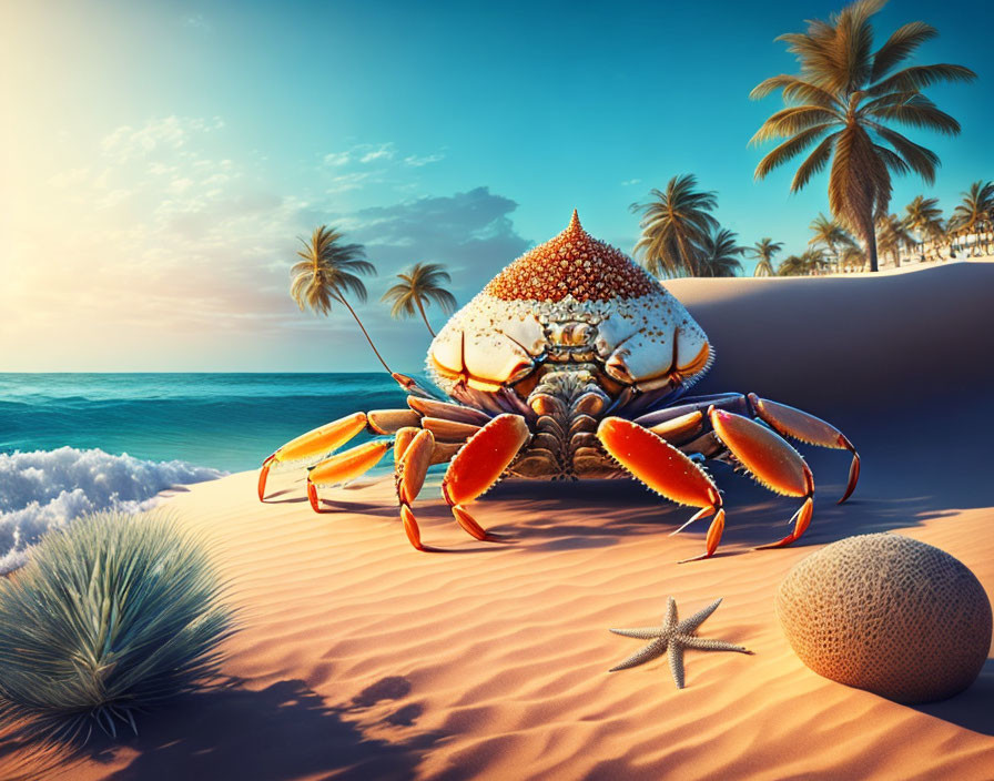 Colorful Crab on Sandy Beach with Palm Trees and Starfish in Sunny Ocean Scene