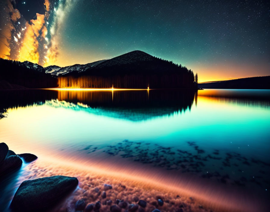 Tranquil night landscape with starry sky, calm lake, and forested hills