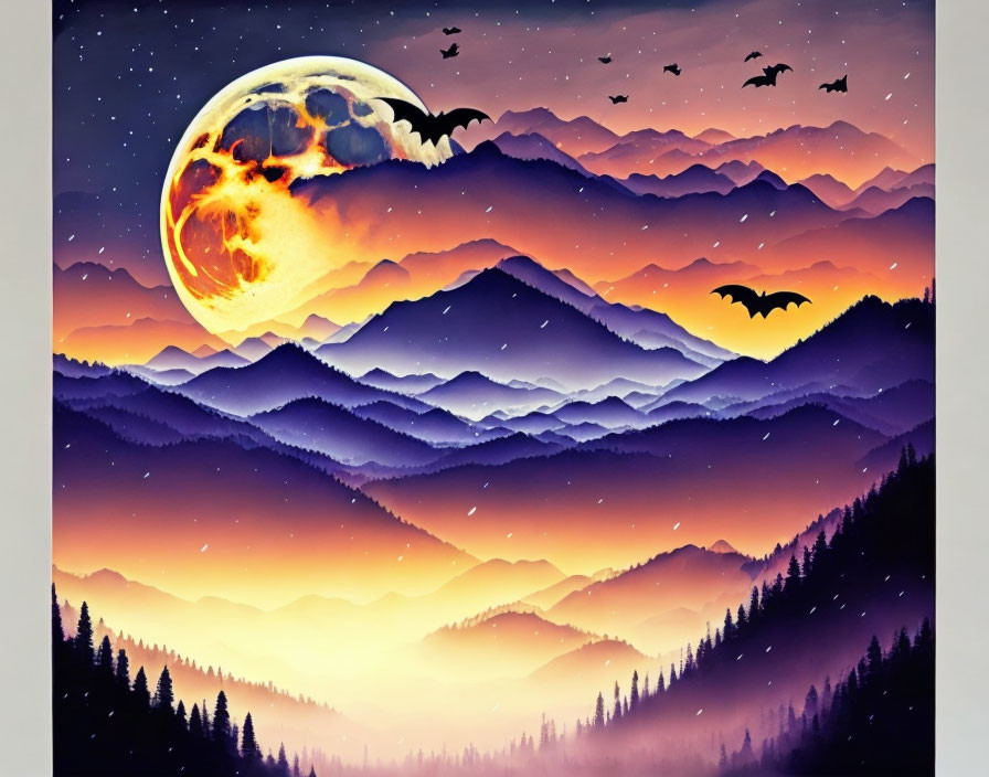 Mountain Silhouettes with Sunset Sky and Moon Birds Illustration