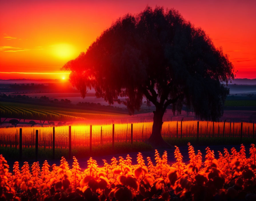 Scenic sunset landscape with red and orange hues over tree and flowers