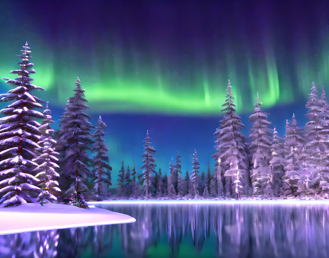 Snow-covered pine trees under vibrant aurora borealis on frozen lake