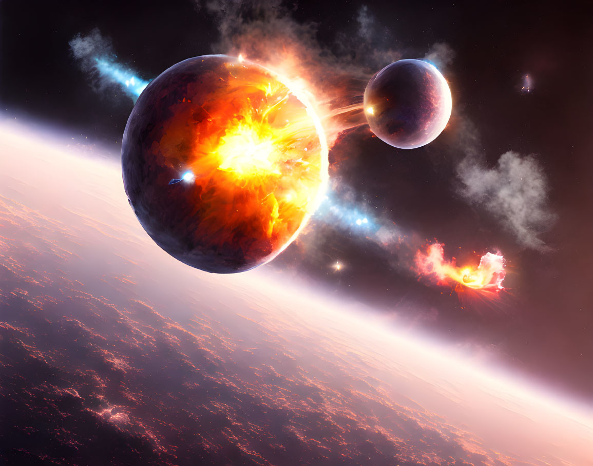 Cosmic scene: Planet explodes in flames with debris in space