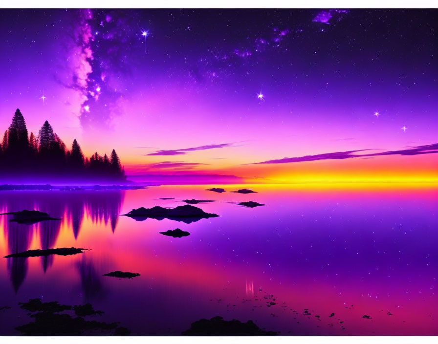 Twilight landscape: purple and orange sky, twinkling stars, serene water, dark tree silhou