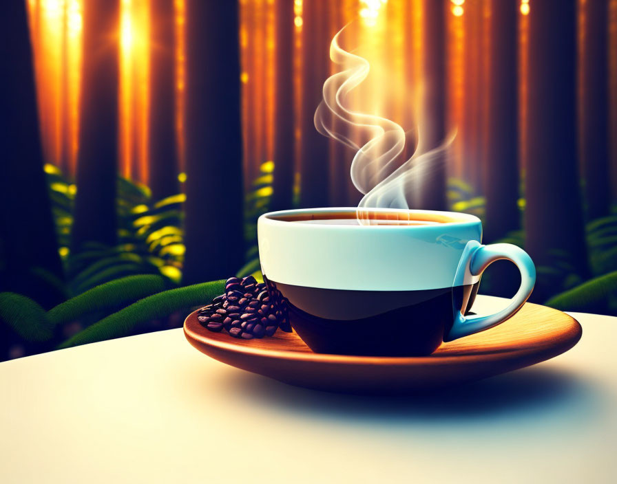 Steaming Cup of Coffee with Beans on Saucer in Sunlit Trees