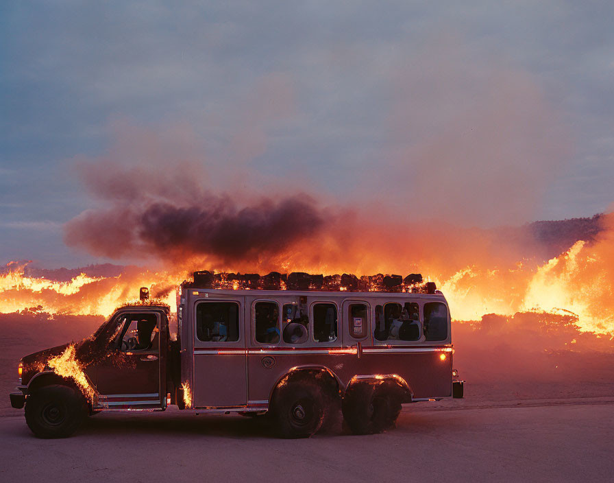 Burning firetruck in wildfire under dusky sky