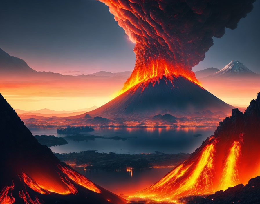 Volcanic eruption with flowing lava and fiery sky over tranquil lake