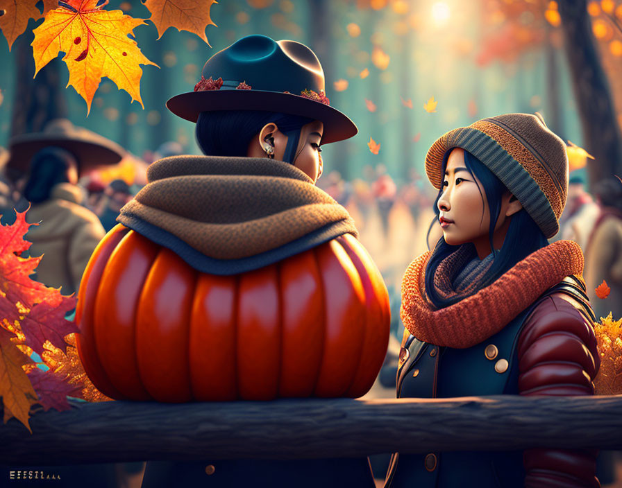 Stylized animated characters with pumpkin body in cozy autumn scene