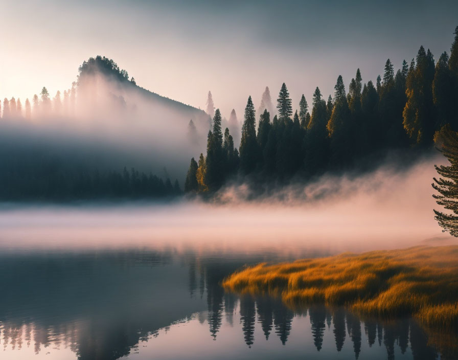 Tranquil Sunrise Scene: Misty Lake, Forested Hills, Reflections