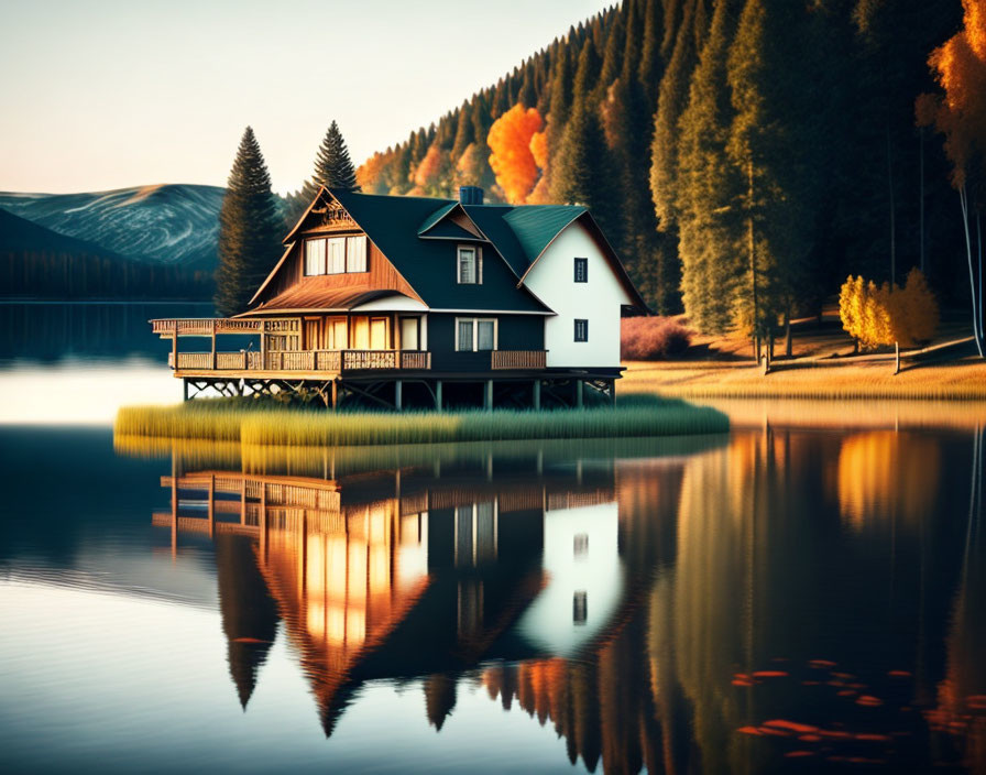 Tranquil Lakeside House Amid Autumn Trees and Soft Light