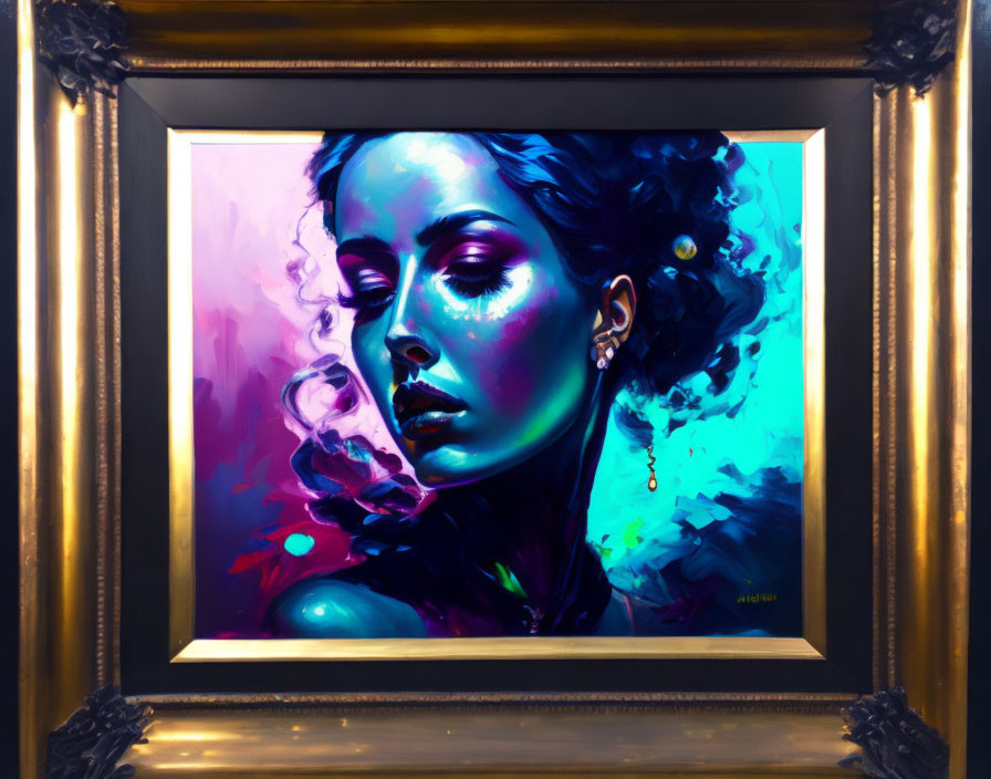 Colorful portrait of a woman in blues, purples, and pink, framed in gold