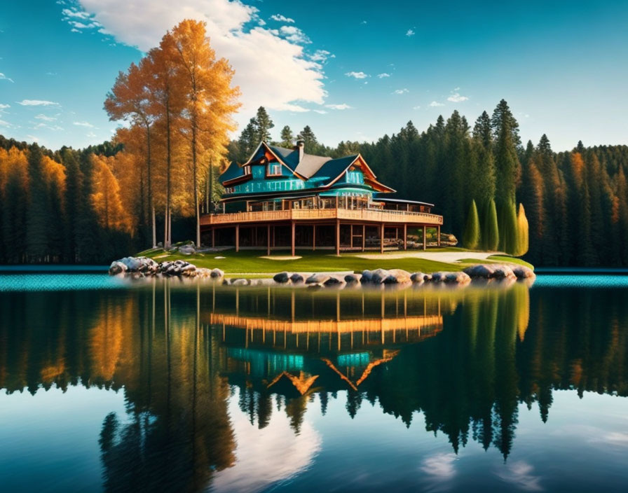 Scenic lakeside house reflection in water with forest and blue sky