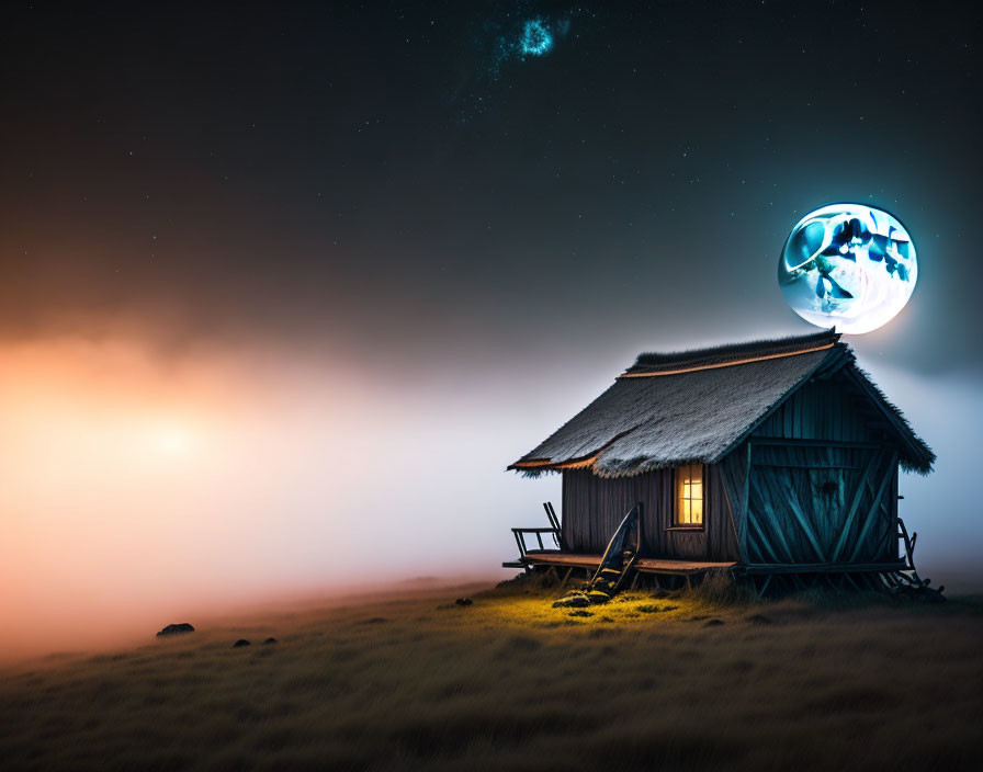 Cozy wooden cabin under glowing moon and starry sky