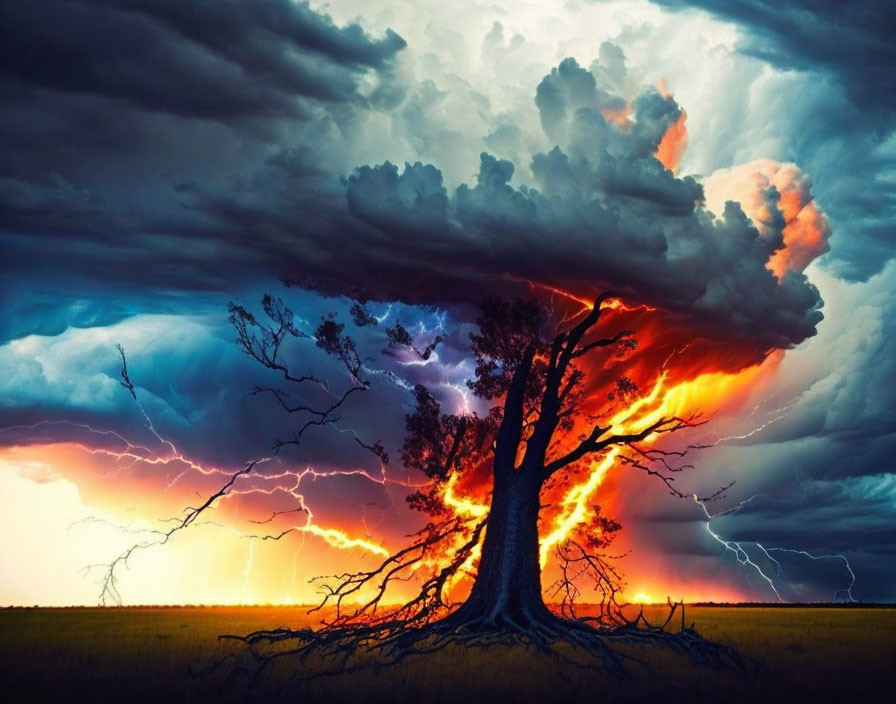 Vibrant lone tree under fiery sky with lightning strikes