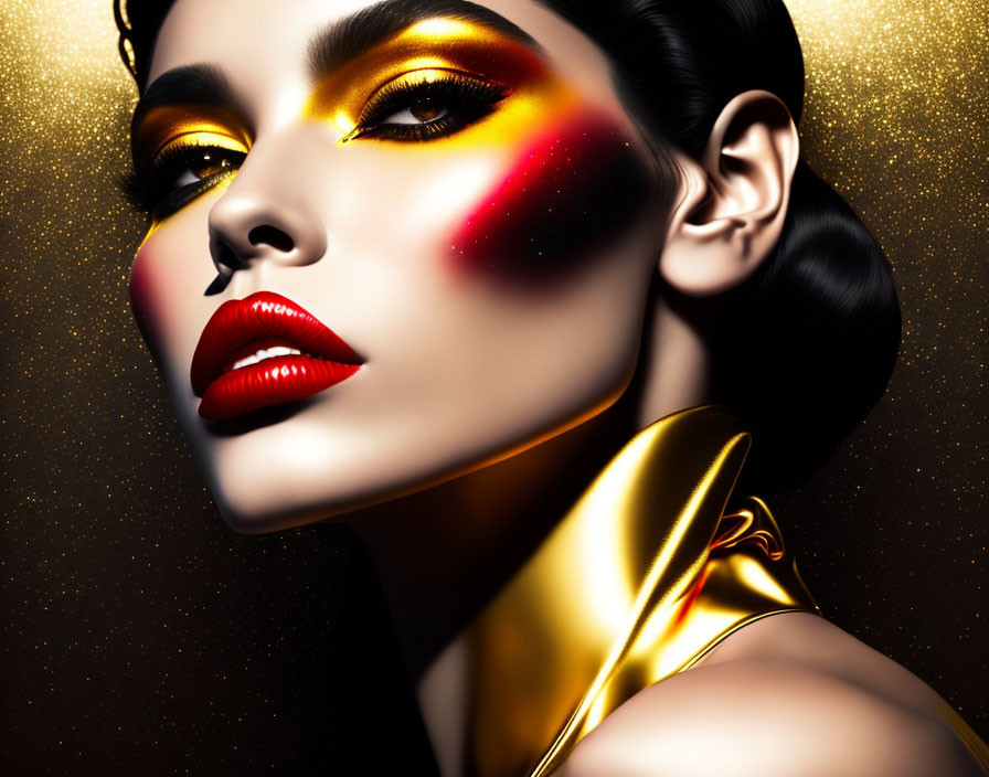 Vibrant red and yellow makeup on woman against golden background