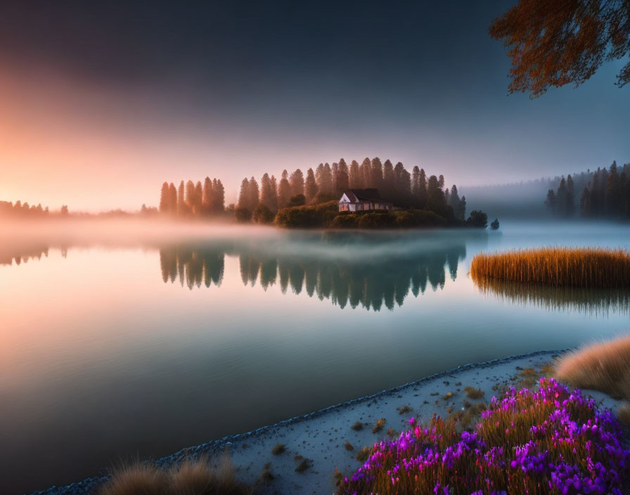 Tranquil Sunrise Scene: Lake, Island House, Trees, Purple Flowers