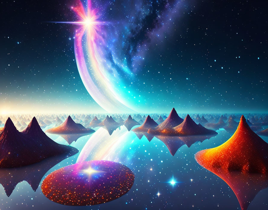 Colorful cosmic landscape with star-like structures and galactic sky.