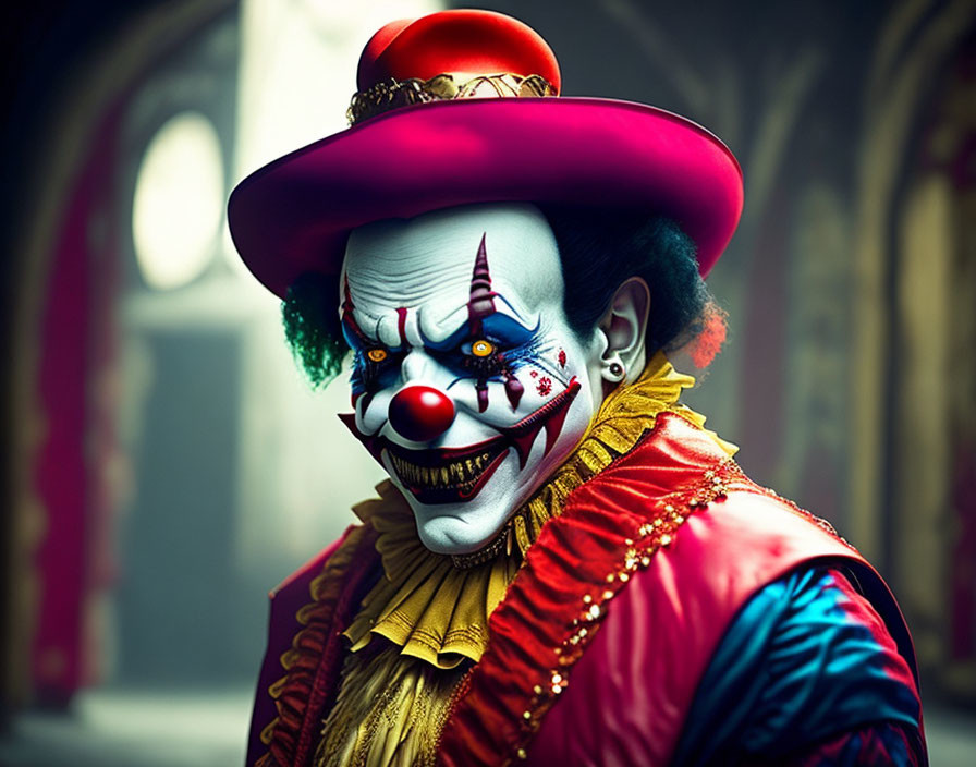 Sinister clown with white face and colorful makeup in red and gold costume