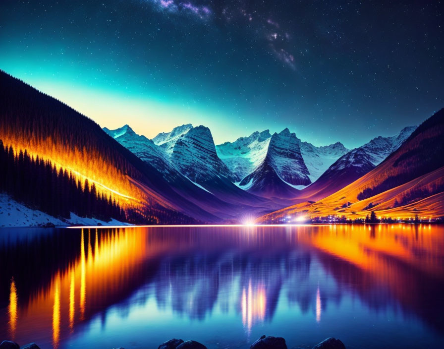 Twilight scene: Starry sky, mountain lake, illuminated shore, vibrant reflections