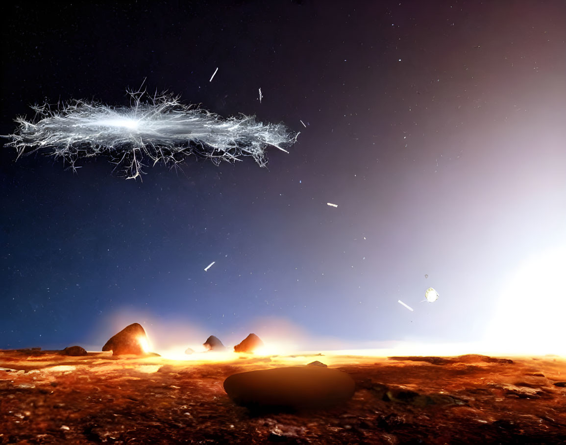 Surreal landscape with glowing lava, rocks, bright light, meteor streaks, and floating entity