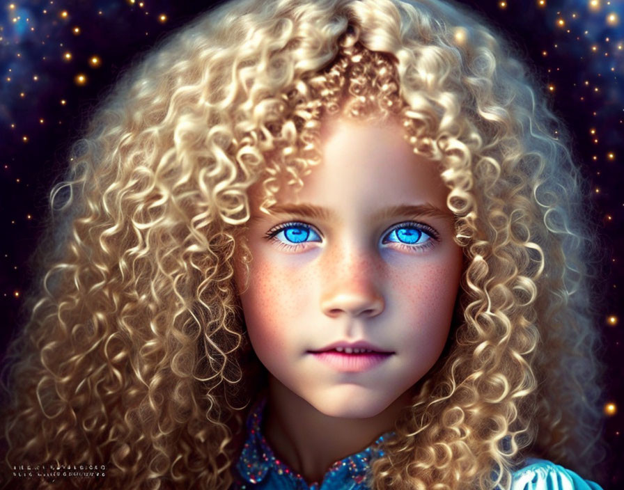 Curly Blonde-Haired Child with Blue Eyes Among Starry Sky