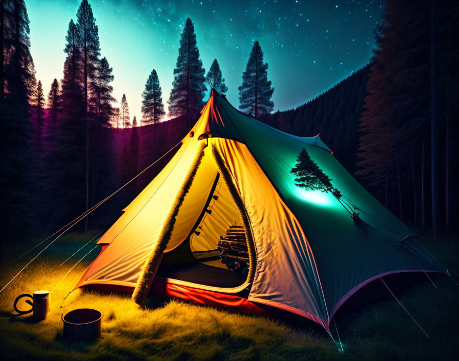 Twilight forest tent with starry sky and glowing mug