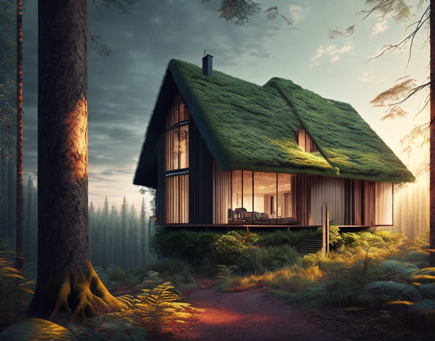 Cozy wooden cabin in serene forest clearing at dawn or dusk