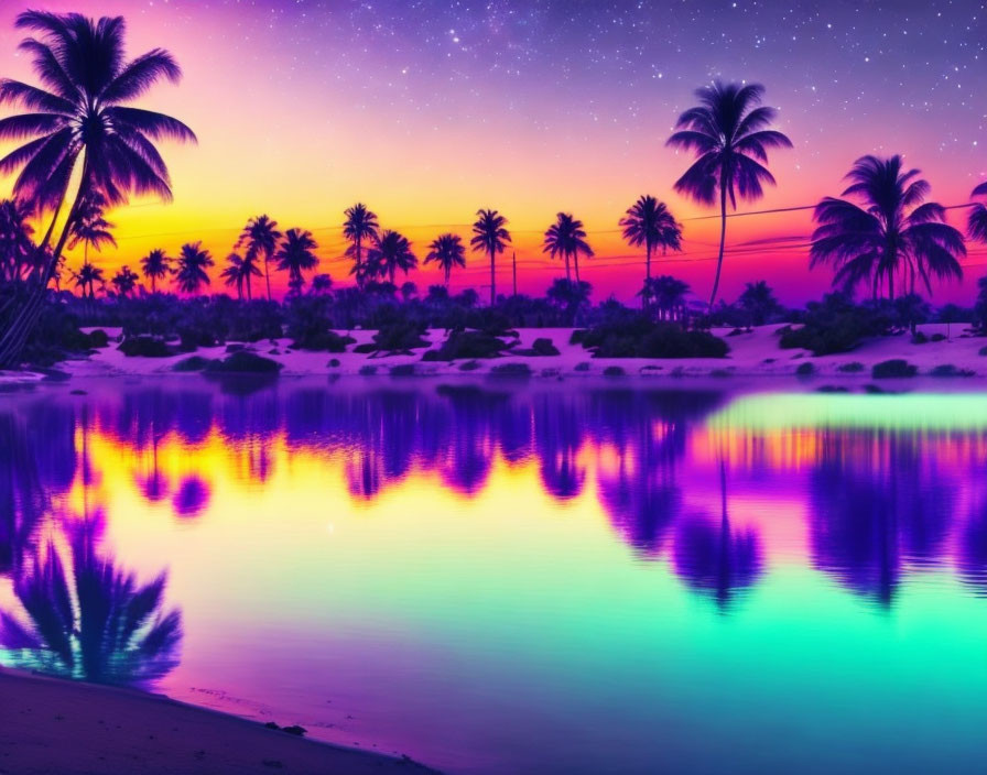 Tropical beach sunset with palm trees and colorful sky