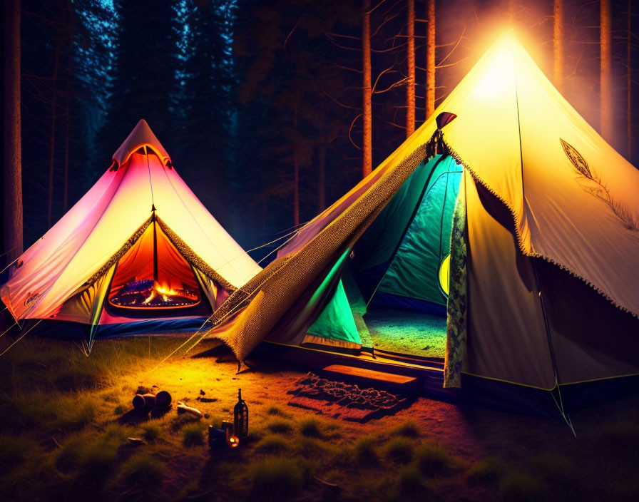 Nighttime forest camping scene with illuminated tents and campfire glow.