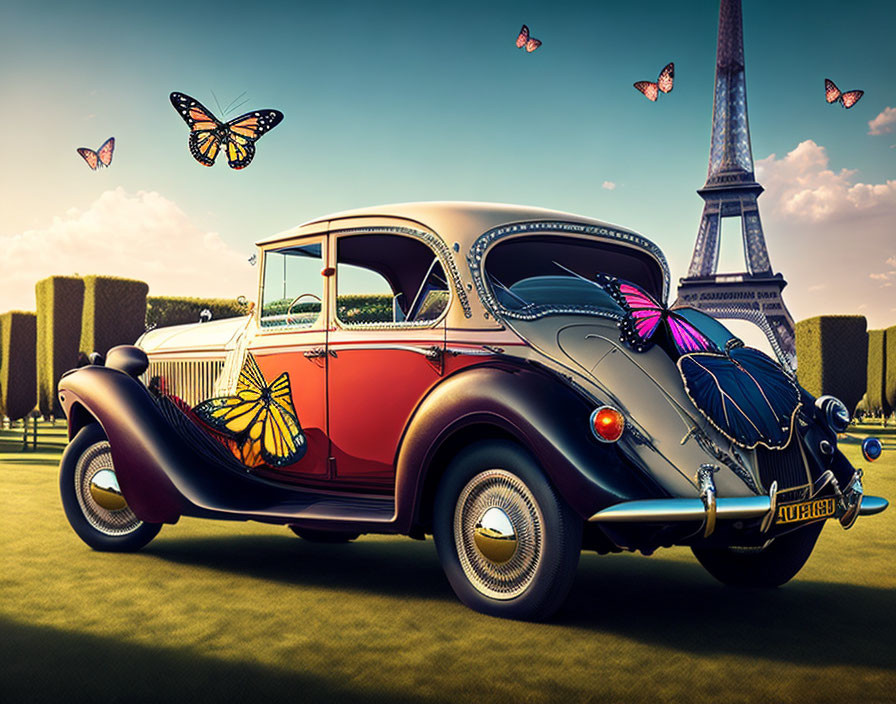 Colorful Vintage Car Parked Near Eiffel Tower with Butterflies