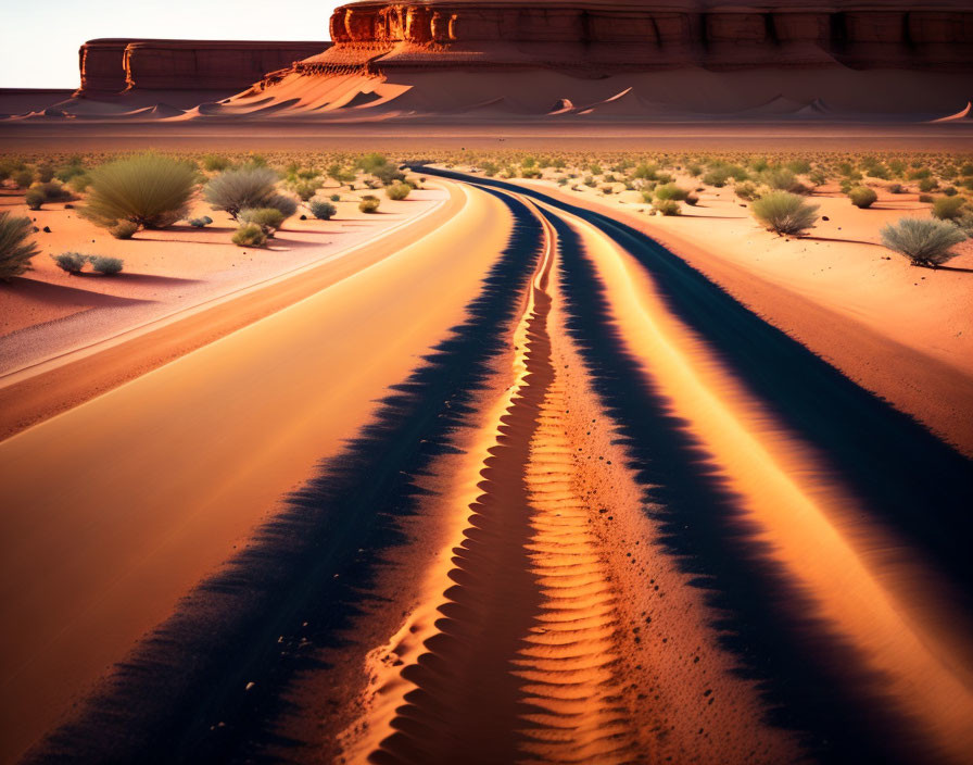 Desert road with tire tracks, sandstone formations, and shrubs