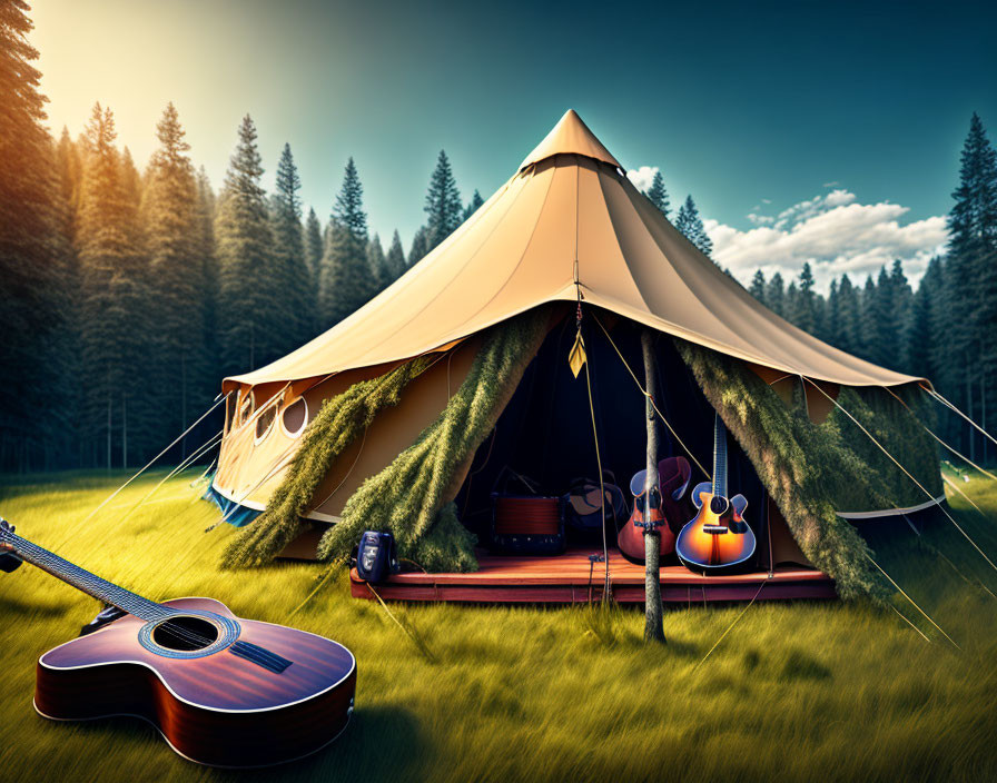 Grassy clearing canvas tent with guitar and camping furniture