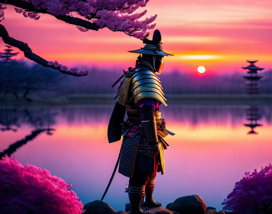 Traditional samurai in armor by lake at sunset with cherry blossoms and pagodas