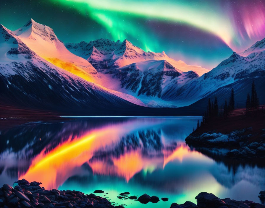 Colorful Aurora Borealis over Snowy Mountains and Lake