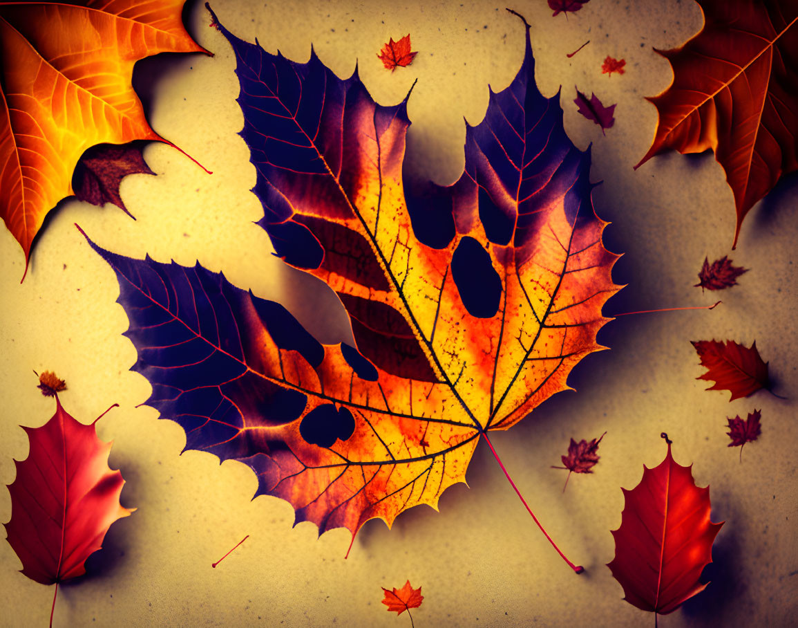 Colorful Autumn Leaves with Prominent Veins on Textured Background