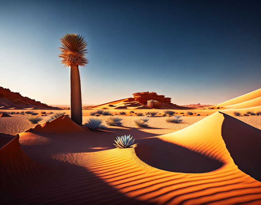 Quiver tree in desert dunes at sunset with rock formations