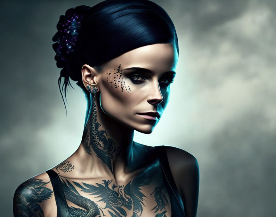 Woman with sleek hairstyle and star tattoos on face and body in moody setting