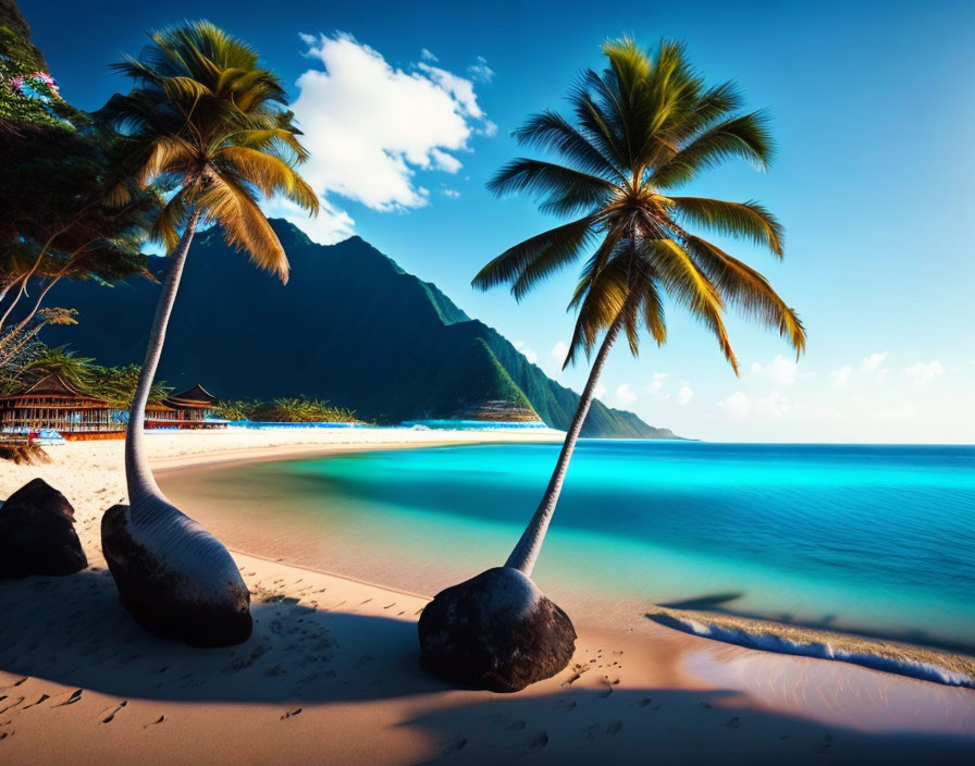 Sunny Tropical Beach with Palm Trees, White Sand, Blue Water