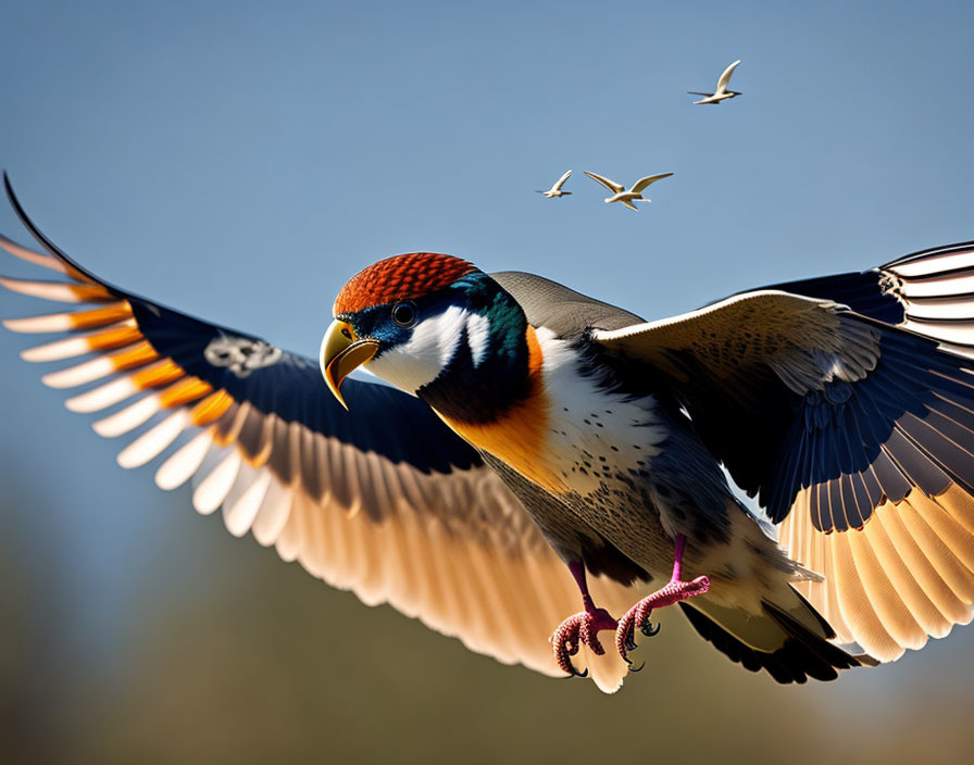 Colorful Bird Flying in Clear Blue Sky with Outstretched Wings