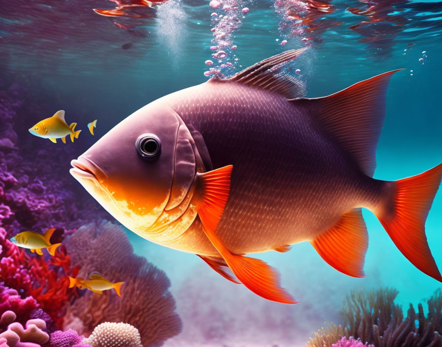 Colorful Underwater Scene: Large Fish with Yellow Fish and Coral Reef