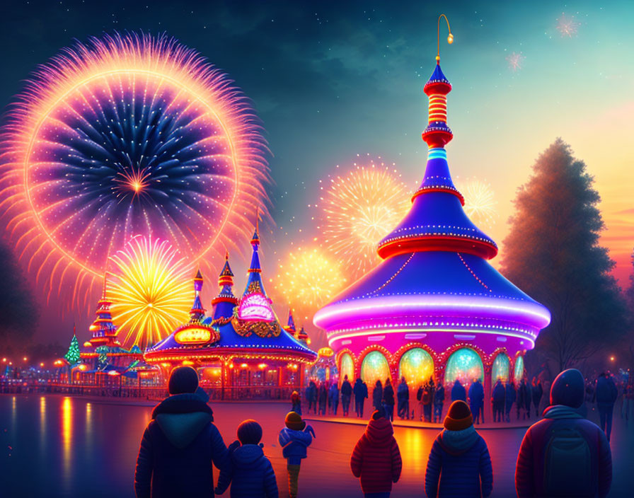 Colorful fireworks light up festive night above illuminated amusement park with carousel