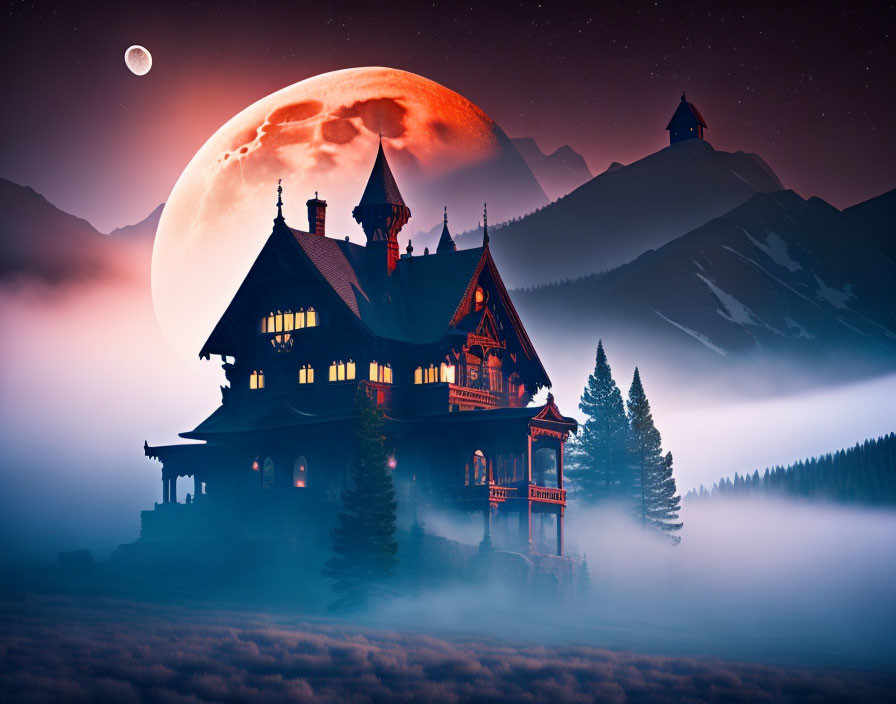 Victorian-style mansion with mountains and moonlit mist.