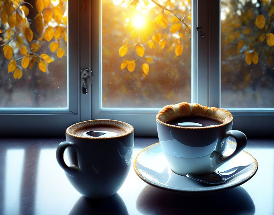 Coffee cups and croissant on window sill with autumn sunlight.